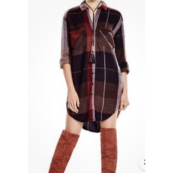 Free People Street Talk Plaid Shirt Dress Women's Size S/P Tunic Fall Brown Rust - Picture 1 of 12